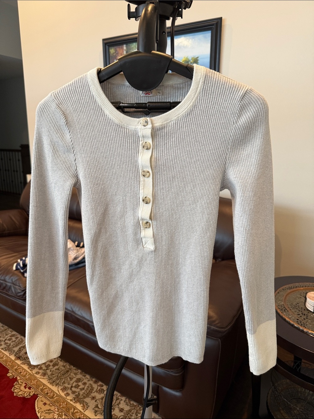Faherty Ribbed Henley Long-Sleeve Top in Light Gray by